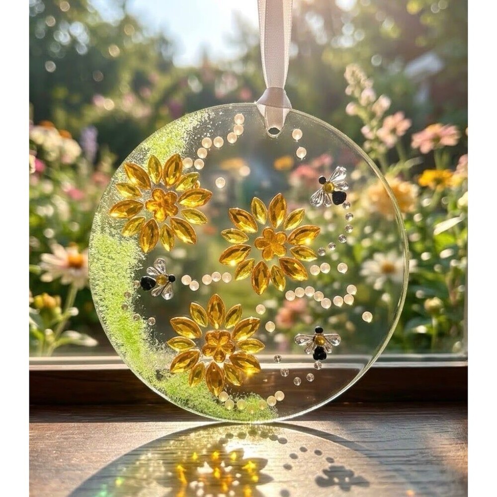 Resin suncatcher /ornament featuring yellow crystal-gem sunflowers,
